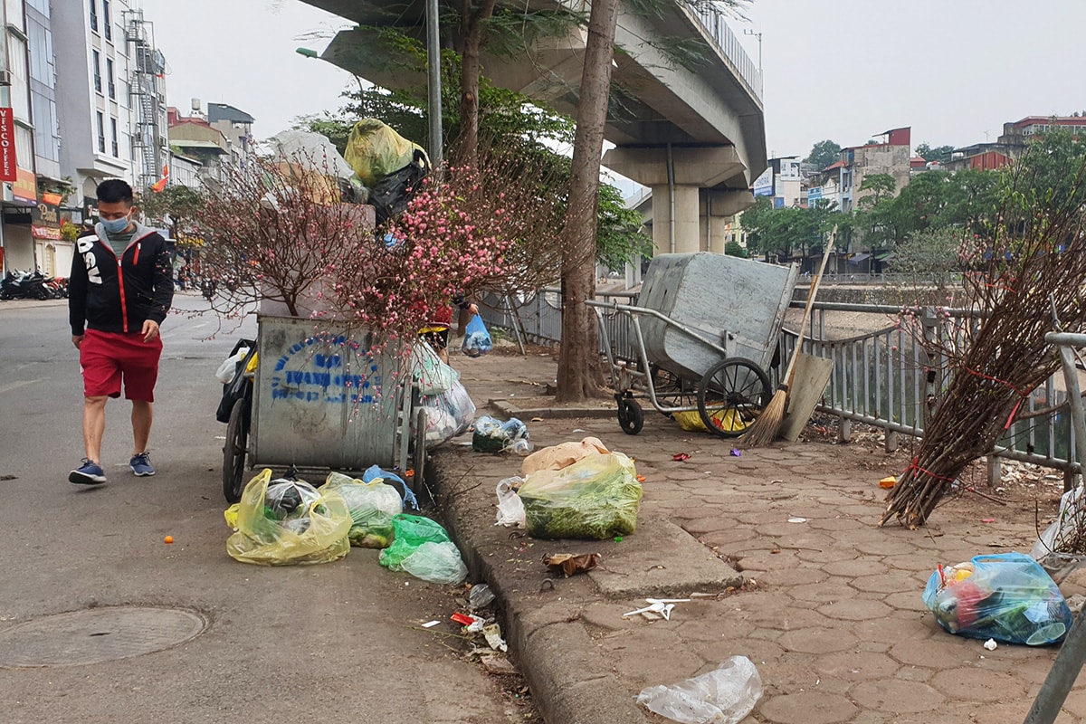 Sau tết, công nhân vệ sinh môi trường vất vả thu gom đào, quất bị vứt đầy đường - Ảnh 3.