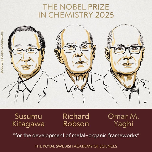 Nobel Hóa học 2025 vinh danh ba nhà khoa học nghiên cứu về vật liệu xốp- Ảnh 1. Nobel Hóa học 2025 vinh danh ba nhà khoa học nghiên cứu về vật liệu xốp- Ảnh 1.