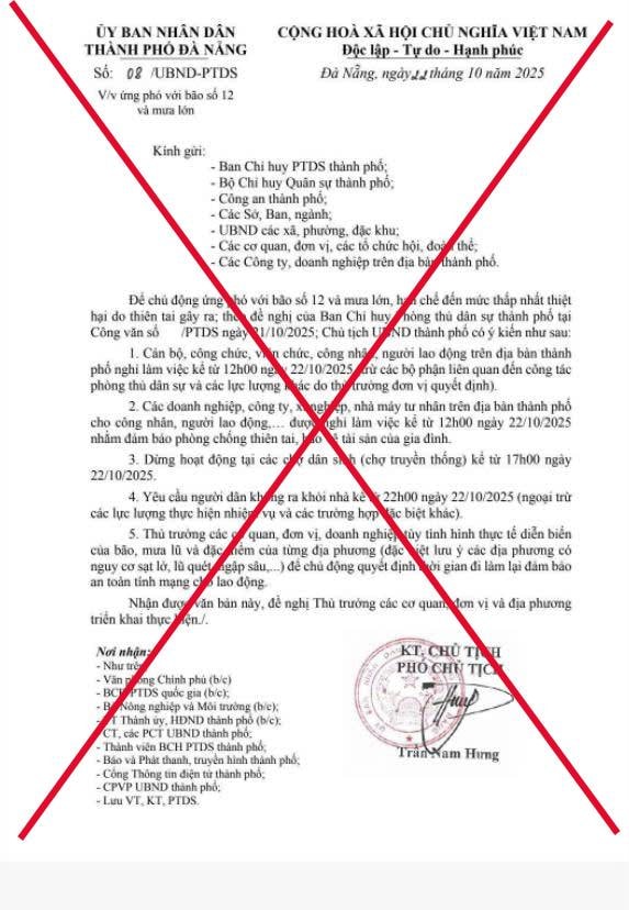 Đà Nẵng bác tin giả cho cán bộ, công chức nghỉ làm, dừng hoạt động chợ vì bão số 12- Ảnh 1. Đà Nẵng bác tin giả cho cán bộ, công chức nghỉ làm, dừng hoạt động chợ vì bão số 12- Ảnh 1.
