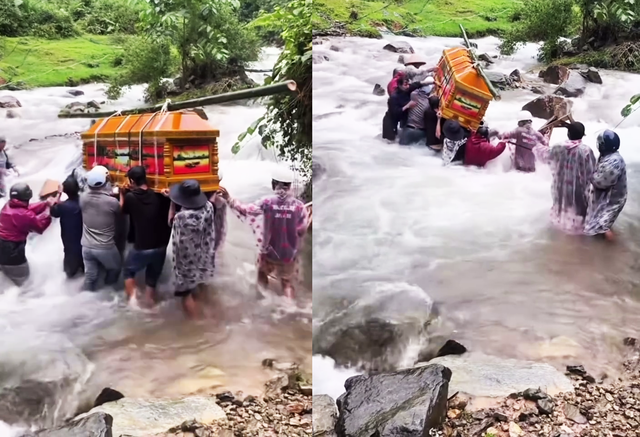 Người dân vượt dòng lũ dữ đưa người đã khuất đi an táng, ai nấy đều không khỏi xót xa. Ảnh cắt từ clip.