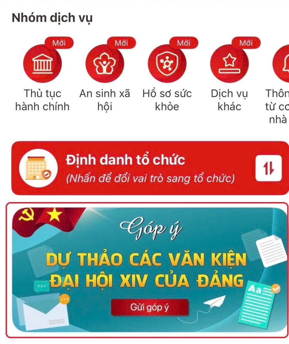 Hướng dẫn góp ý các dự thảo văn kiện trình Đại hội XIV của Đảng trên ứng dụng VNeID- Ảnh 1. Hướng dẫn góp ý các dự thảo văn kiện trình Đại hội XIV của Đảng trên ứng dụng VNeID- Ảnh 1.