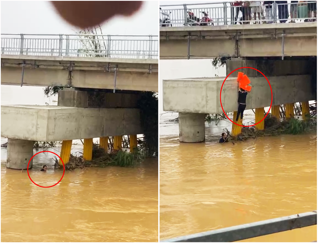 'Thót tim' cảnh nam thanh niên đu dây xuống chân cầu nước chảy cuồn cuộn cứu người- Ảnh 1.