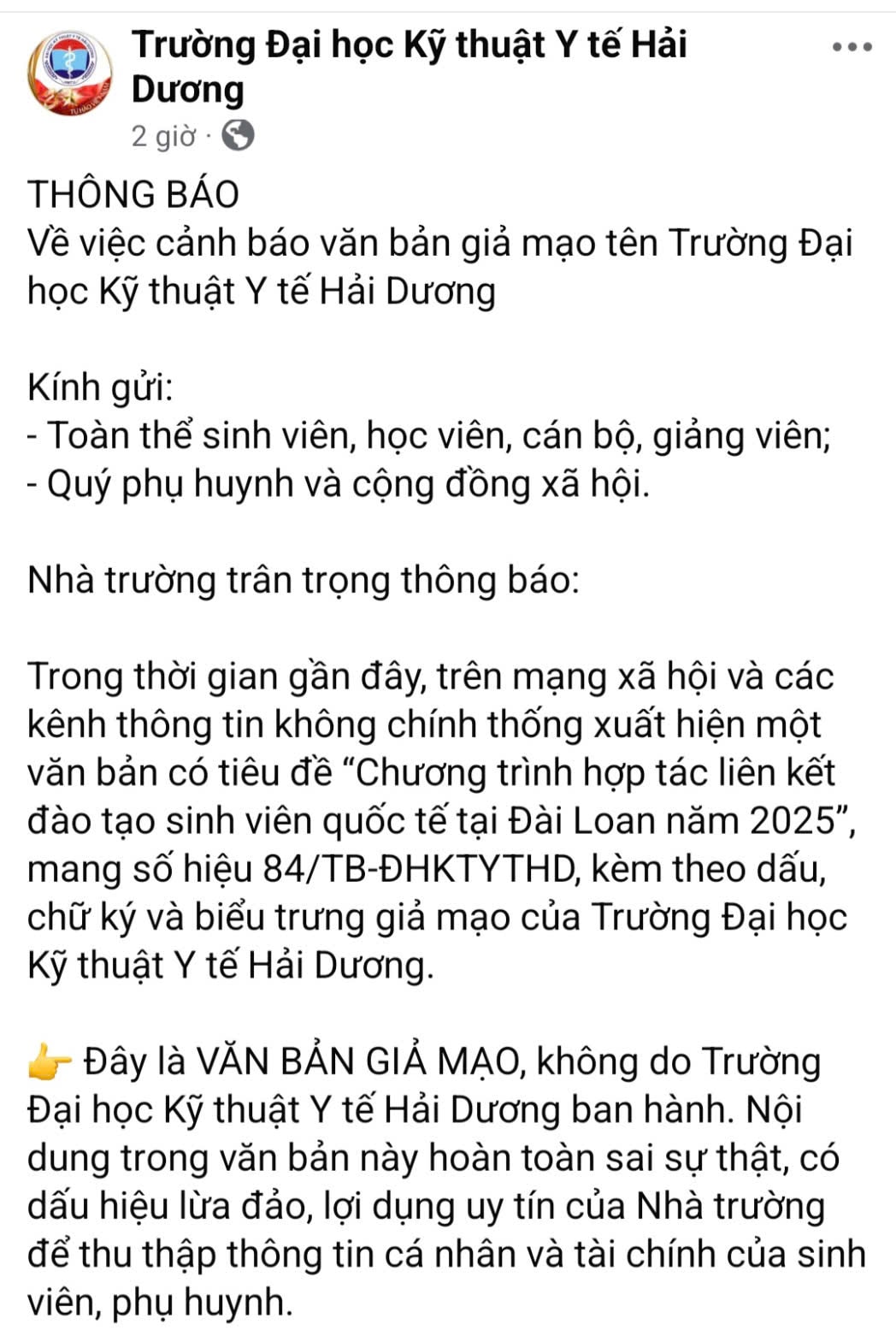 Trường Đại học Kỹ thuật Y tế Hải Dương cảnh báo văn bản giả mạo liên kết đào tạo quốc tế - Ảnh 2.