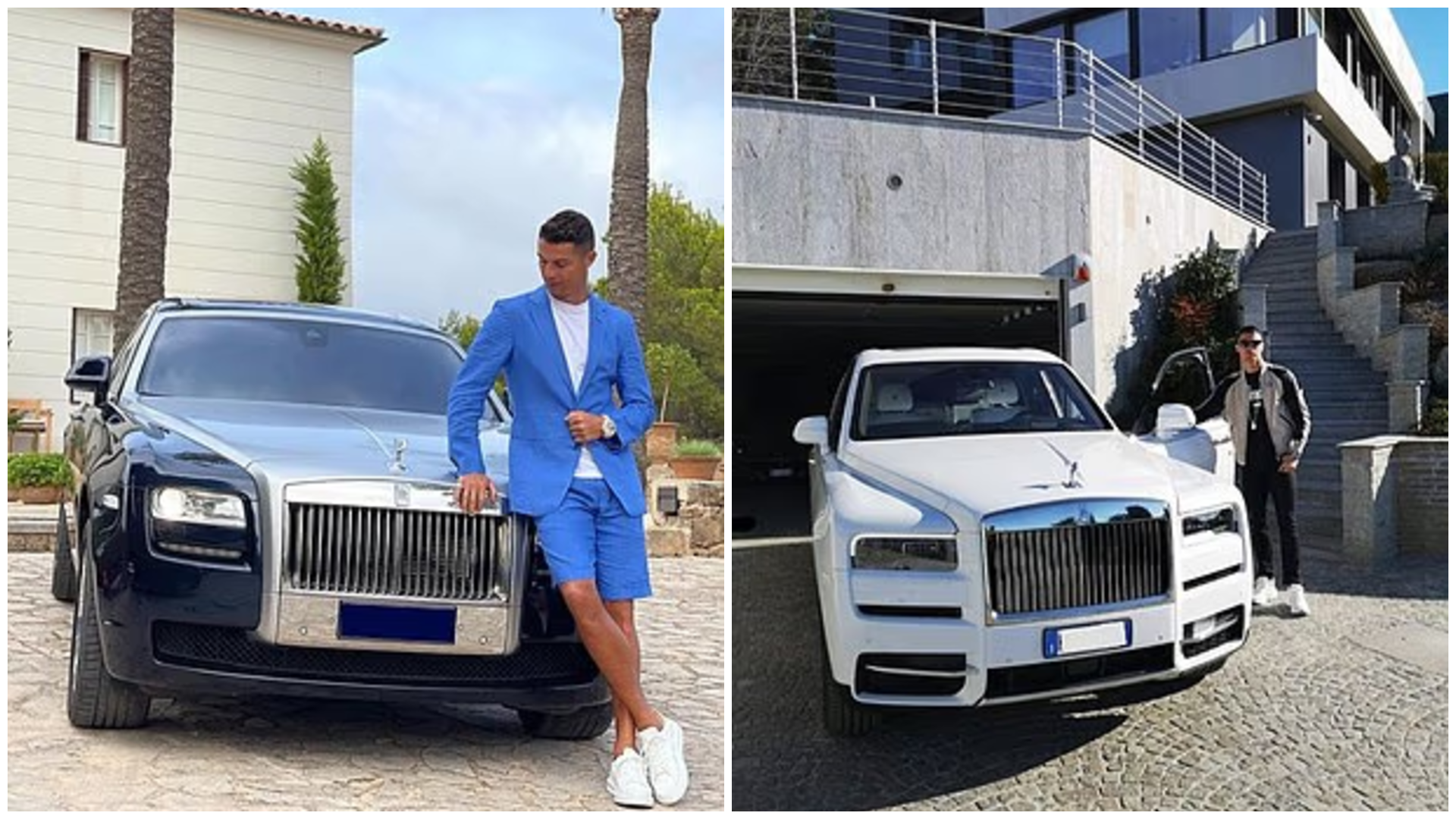 Bộ sưu tập siêu xe đồ sộ của Ronaldo còn có 2 chiếc Rolls-Royce, gồm: Cullinan trị giá 300.000 bảng (bên phải) và Phantom Drophead (bên trái) có giá khoảng 500.000 bảng.