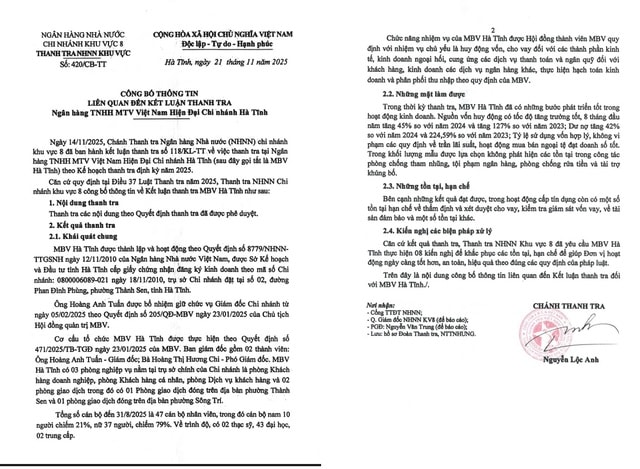 Kết luận thanh tra Ngân hàng TNHH MBV Việt Nam Hiện đại chi nhánh Hà Tĩnh- Ảnh 2.