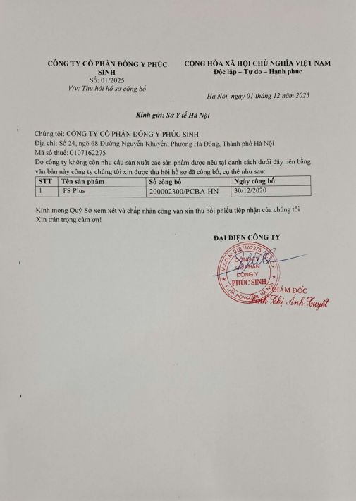 Đông y Phúc Sinh tự thu hồi số công bố thiết bị y tế sản phẩm FS Plus- Ảnh 2.