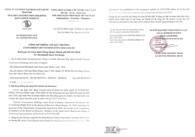 Tracodi công bố thông tin từ nhiệm của cán bộ chủ chốt và thông qua giao dịch liên quan 2026- Ảnh 2.