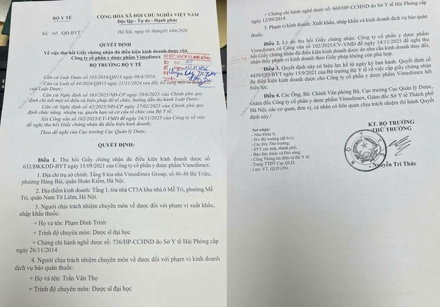 Bộ Y tế thu hồi Giấy chứng nhận đủ điều kiện kinh doanh của Dược phẩm Vimedimex- Ảnh 2.