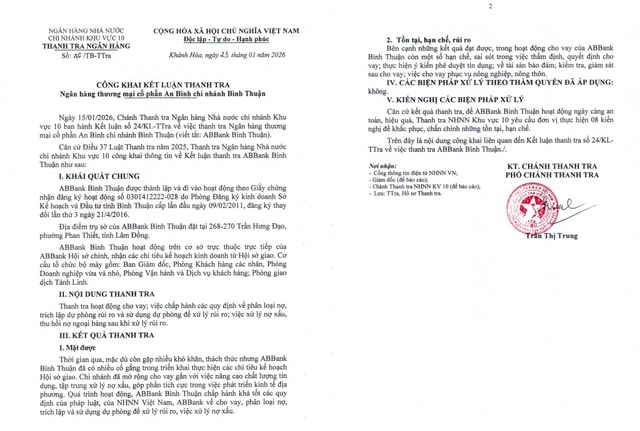Kết luận thanh tra ABBank Bình Thuận- Ảnh 2. Kết luận thanh tra ABBank Bình Thuận- Ảnh 2.