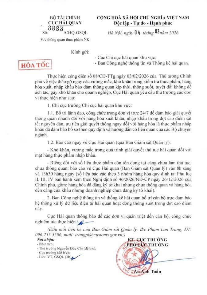 Hải quan hỏa tốc yêu cầu toàn ngành trực 24/7 thông quan thực phẩm nhập khẩu- Ảnh 1. Hải quan hỏa tốc yêu cầu toàn ngành trực 24/7 thông quan thực phẩm nhập khẩu- Ảnh 1.