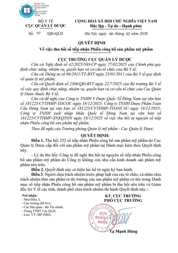 Cục Quản lý Dược thu hồi 252 phiếu công bố mỹ phẩm- Ảnh 1. Cục Quản lý Dược thu hồi 252 phiếu công bố mỹ phẩm- Ảnh 1.