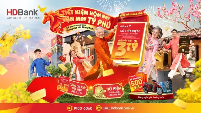 Khai xuân đắc lộc, HDBank tăng thêm ưu đãi cho Tiết kiệm Tỷ phú: Cộng lãi, lì xì tiền mặt, trúng vàng SJC- Ảnh 1. Khai xuân đắc lộc, HDBank tăng thêm ưu đãi cho Tiết kiệm Tỷ phú: Cộng lãi, lì xì tiền mặt, trúng vàng SJC- Ảnh 1.
