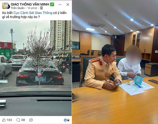 Buộc cành đào che biển số, tài xế xe ‘biển xanh’ bị phạt 23 triệu đồng- Ảnh 1.