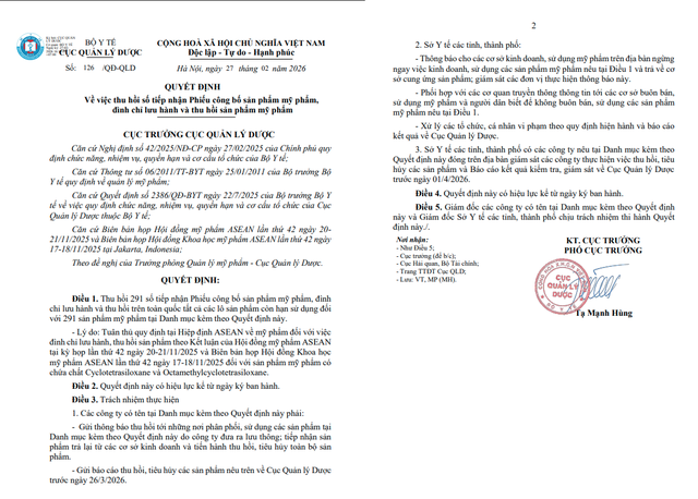 Bộ Y tế đình chỉ lưu hành, thu hồi 291 mỹ phẩm chứa Cyclotetrasiloxane và Octamethylcyclotetrasiloxane- Ảnh 1.