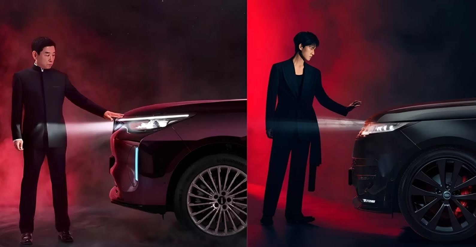 Trong bức ảnh gốc của Land Rover (phải), một người đàn ông châu Á ăn mặc lịch lãm đứng cạnh chiếc Range Rover Sport màu đen, đưa tay về phía nắp ca-pô xe. Phía sau là khói và ánh đèn đỏ nổi bật. Hình ảnh do GWM công bố gần như giống hệt.