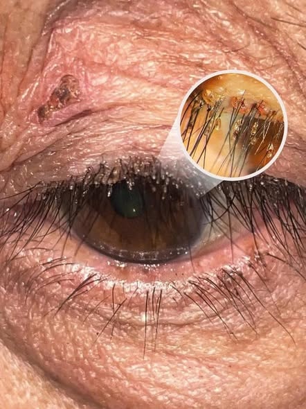 Phát hiện ổ rận mu bám dày trên mí mắt người phụ nữ- Ảnh 1.