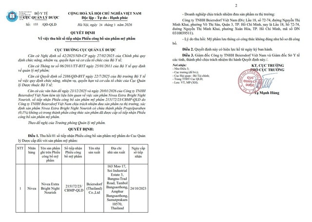 Bộ Y tế thu hồi phiếu công bố mỹ phẩm Nivea Extra Bright Night Nourish- Ảnh 2. Bộ Y tế thu hồi phiếu công bố mỹ phẩm Nivea Extra Bright Night Nourish- Ảnh 2.