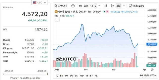 Giá vàng, bạc thế giới 25/3 bật tăng cực mạnh, vàng áp sát 4.600 USD- Ảnh 1. Giá vàng, bạc thế giới 25/3 bật tăng cực mạnh, vàng áp sát 4.600 USD- Ảnh 1.