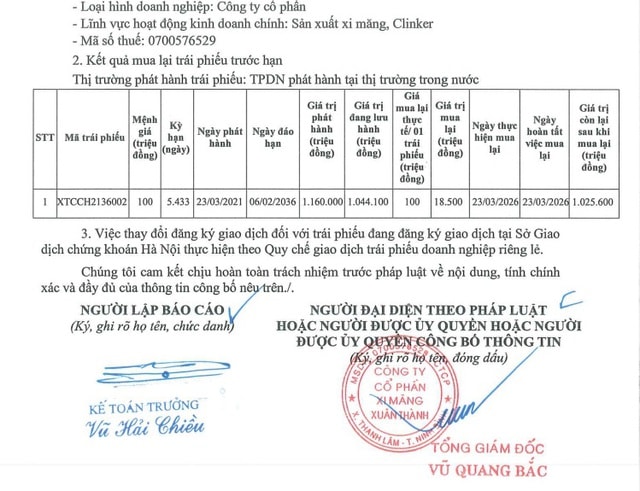 Xi măng Xuân Thành tiếp tục mua lại trái phiếu trước hạn- Ảnh 2.