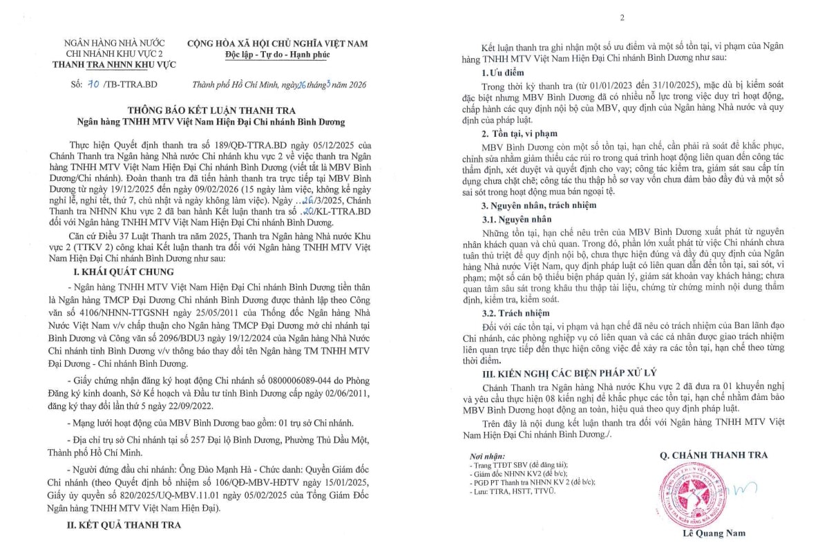 Thanh tra kết luận ngân hàng MBV Bình Dương chưa tuân thủ pháp luật- Ảnh 2.