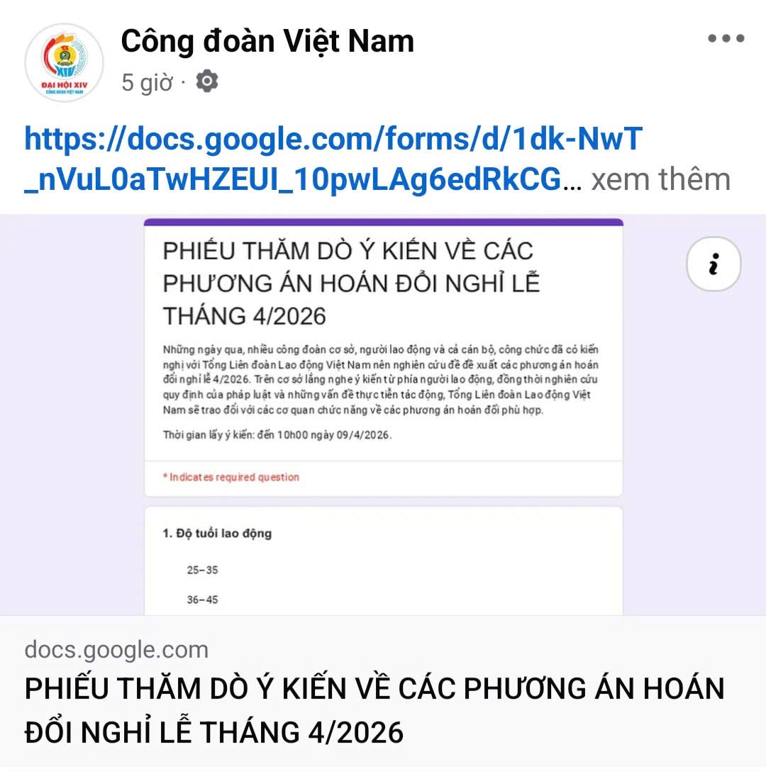 Lấy ý kiến về 3 phương án hoán đổi ngày nghỉ lễ Giỗ tổ Hùng Vương và 30/4 - 1/5- Ảnh 1. Lấy ý kiến về 3 phương án hoán đổi ngày nghỉ lễ Giỗ tổ Hùng Vương và 30/4 - 1/5- Ảnh 1.