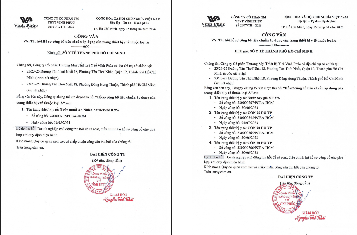 Công ty Cổ phần Thương mại Thiết bị Y tế Vĩnh Phúc chủ động thu hồi hồ sơ công bố nhiều sản phẩm- Ảnh 2.