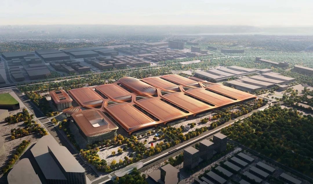 Trung tâm Triển lãm Quốc tế Thủ đô (mái nâu) và Trung tâm Triển lãm Quốc tế Trung Quốc (mái xám bên phải).