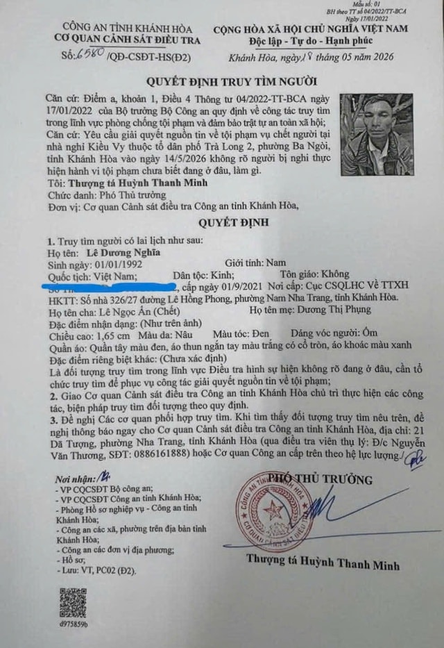 Truy tìm người đàn ông liên quan vụ một phụ nữ tử vong tại nhà trọ ở Khánh Hòa- Ảnh 2. Truy tìm người đàn ông liên quan vụ một phụ nữ tử vong tại nhà trọ ở Khánh Hòa- Ảnh 2.