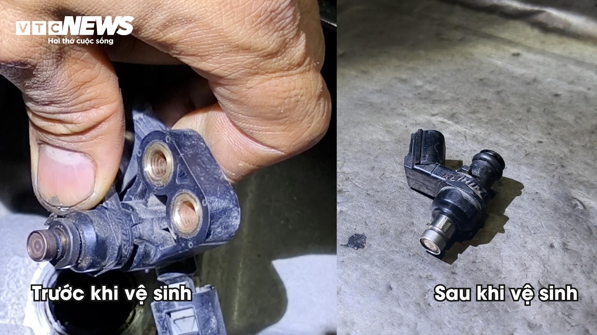Kim phun xăng trước và sau khi được vệ sinh. (Ảnh: Mạnh Hùng)