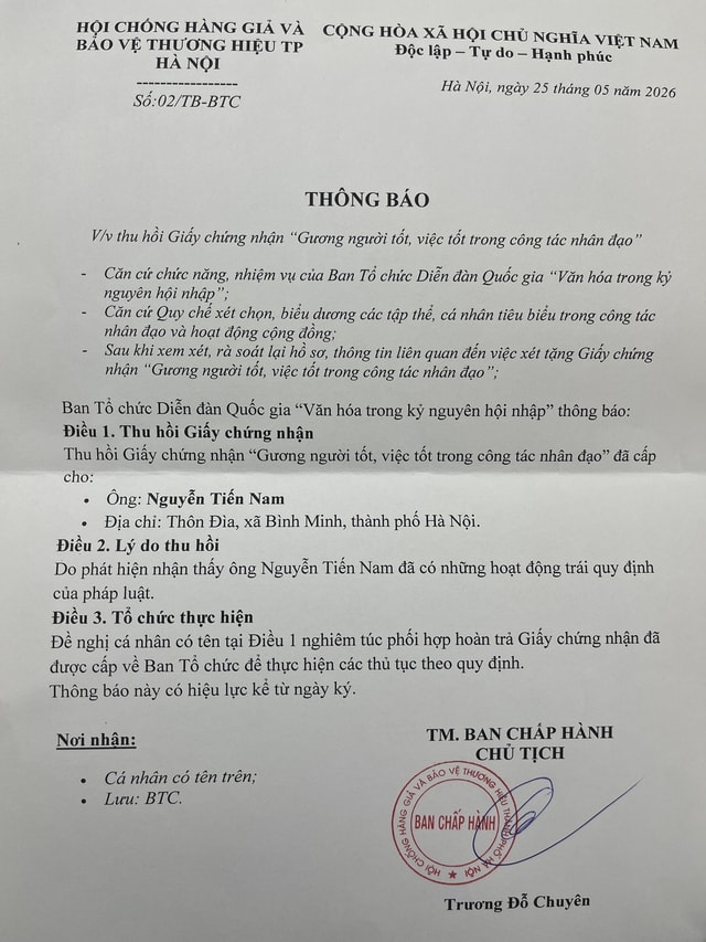 Thu hồi chứng nhận 'Gương người tốt, việc tốt trong công tác nhân đạo' của ông Nguyễn Tiến Nam- Ảnh 2. Thu hồi chứng nhận 'Gương người tốt, việc tốt trong công tác nhân đạo' của ông Nguyễn Tiến Nam- Ảnh 2.