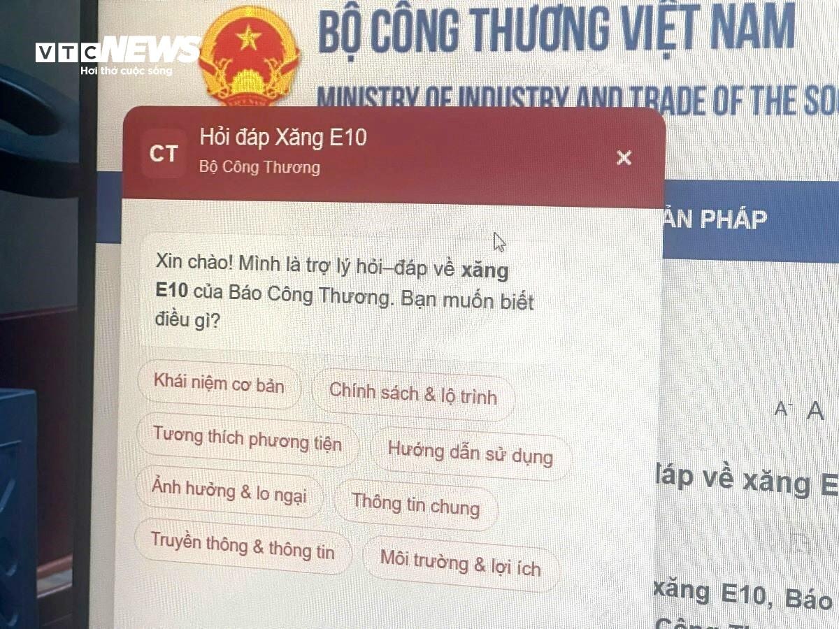 Chatbot hiển thị tự động trên Cổng thông tin điện tử Bộ Công Thương với các nội dung hỏi đáp được người dân quan tâm.