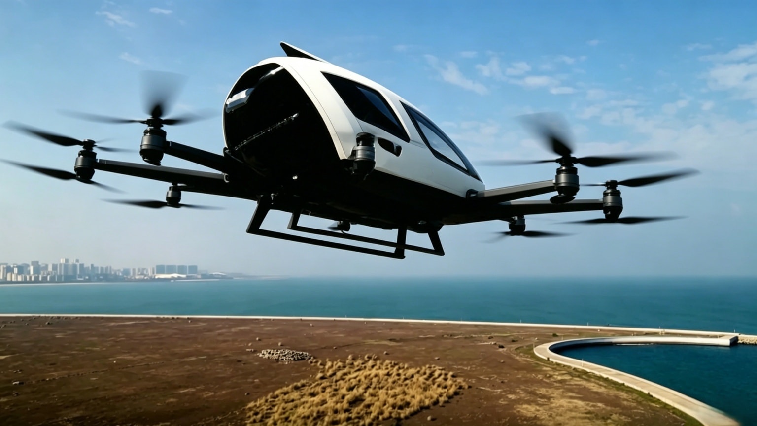 Mẫu phương tiện bay điện cất hạ cánh thẳng đứng (eVTOL) trong quá trình thử nghiệm cất cánh thực tế vượt biển. (Ảnh: CNC)