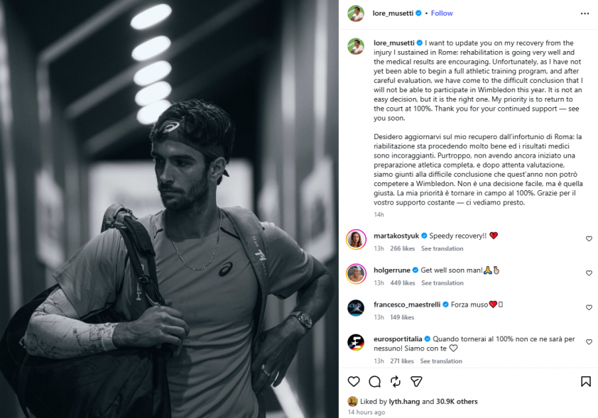 Bài đăng của Musetti trên trang Instagram cá nhân thông báo rút lui khỏi Wimbledon 2026