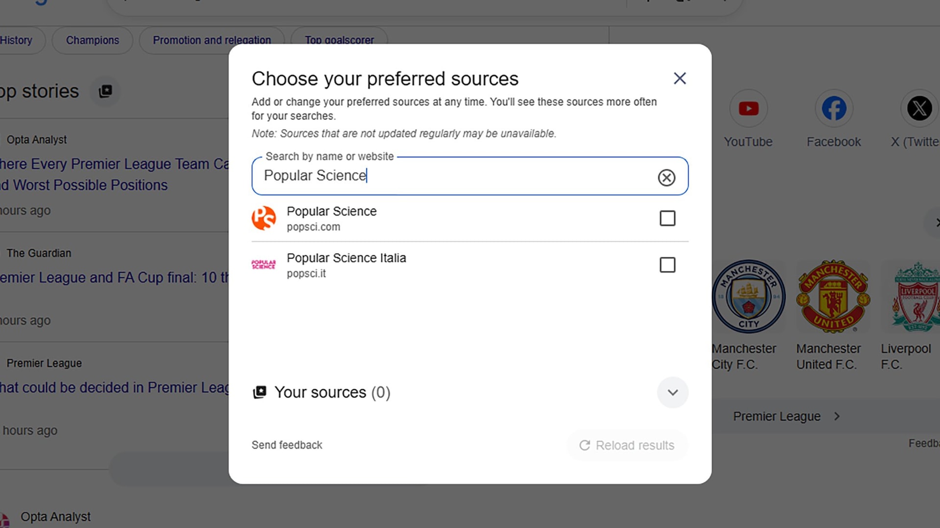 Giao diện thiết lập nguồn tin ưu tiên trên Google Search