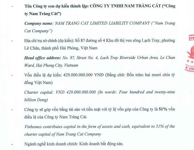 Công bố thông tin của Vinhomes về việc thành lập công ty con mới