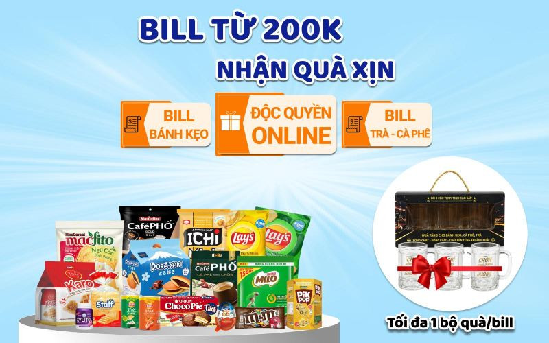 Chương trình tặng quà bộ 3 ly thủy tinh khi mua bánh kẹo và trà cà phê online tại Bách hóa XANH