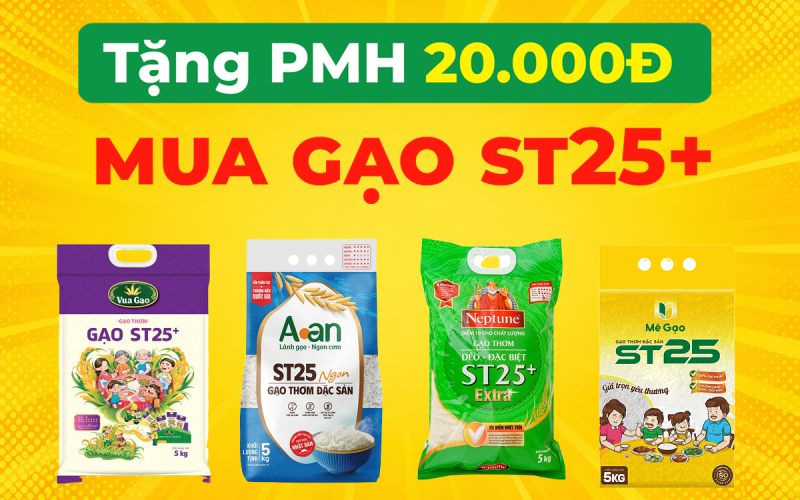 Tặng phiếu mua hàng giảm 20k áp dụng mua gạo ST25+ tại Bách hóa XANH