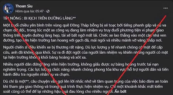 Đồng Tháp: Truy tìm người tung tin xe CSGT truy đuổi xe vi phạm khiến 1 chiến sĩ tử vong- Ảnh 1.