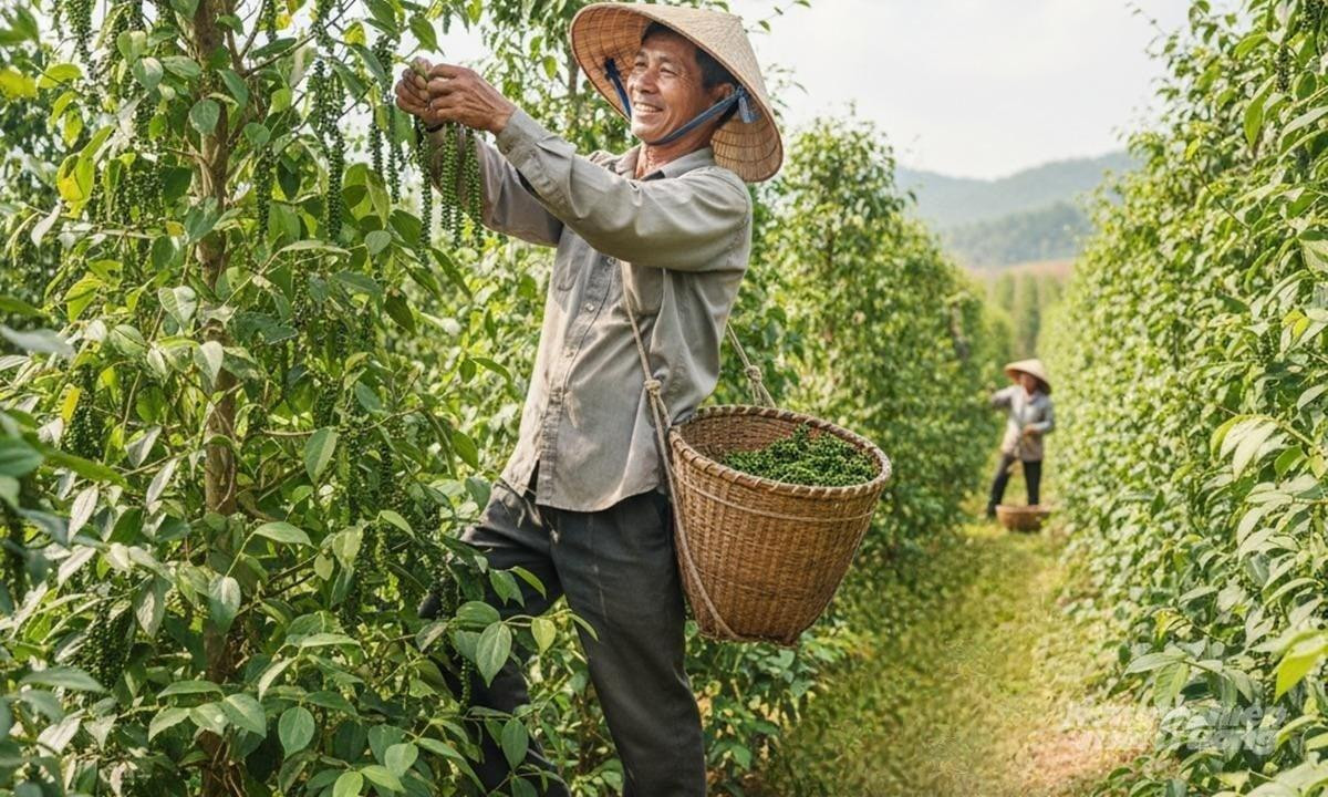 Nông dân thu hoạch hồ tiêu tại vùng nguyên liệu Tây Nguyên. Ảnh: Internet