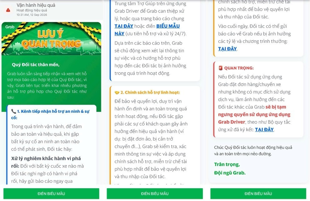 Thông báo hỗ trợ tài xế của Grab. (Ảnh: Grab)