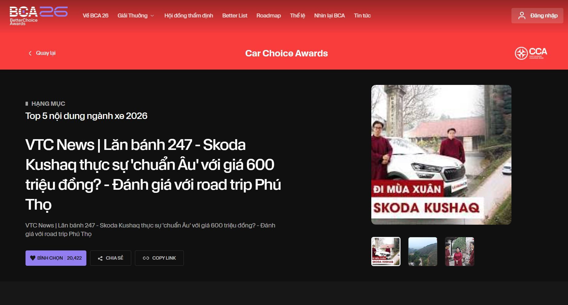 Lăn bánh 247 của Báo Điện tử VTC News được đề cử Car Choice Awards 2026 - 2