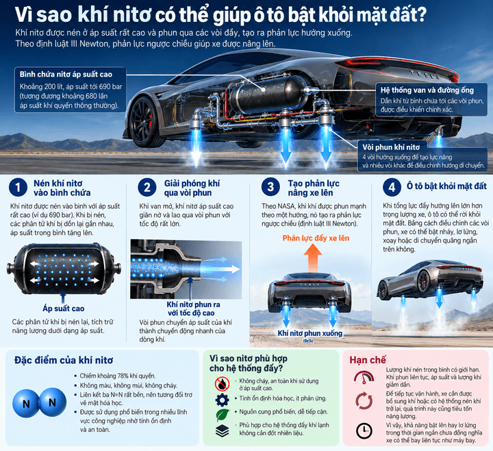 Cơ chế sử dụng khí nitơ trên xe Tesla. (Ảnh minh họa: AI)