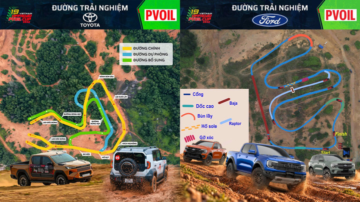 Khán giả đến xem giải đua có thể trực tiếp đăng ký cầm lái các mẫu SUV và bán tải thế hệ mới trên sa hình mô phỏng bài thi VOC. (Ảnh: Toyota, Ford)