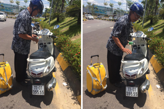 Hình ảnh người cha đổ nước làm mát yên xe máy trước khi để con gái lên gây xúc động