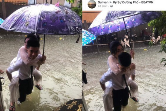 Cảm động hình ảnh chú rể cõng cô dâu giữa mênh mông biển nước