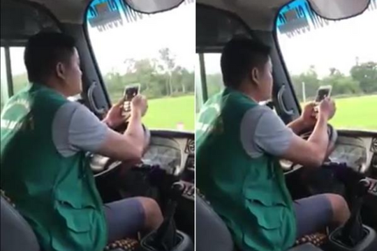 Tài xế xe buýt vừa dùng điện thoại vừa lái bằng khuỷu tay gây phẫn nộ