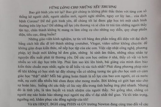 Tâm thư của giáo viên trường Newton sau thông tin chính thức của trường về việc học online