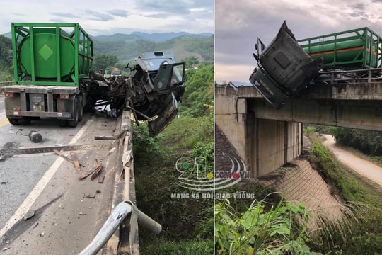 Hình ảnh xe bồn 'cày nát' dải phân cách, nằm lơ lủng giữa không trung khiến nhiều người thót tim