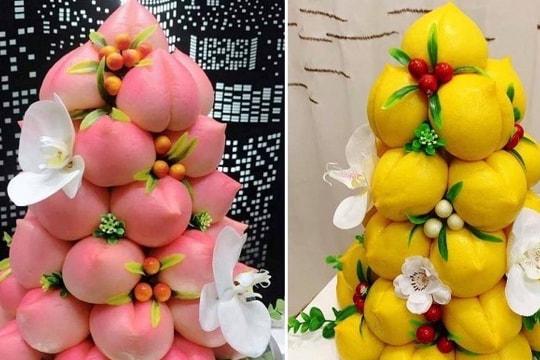 Bánh bao biến hình thành quả đào tiên gây sốt trên thị trường ngày vía Thần Tài
