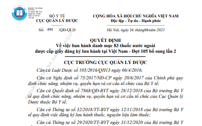 Bộ Y tế ban hành danh mục 83 thuốc nước ngoài được cấp giấy đăng ký lưu hành tại Việt Nam 